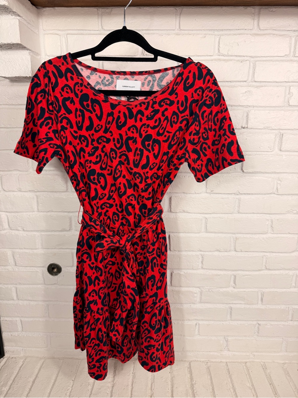 Current Elliott Red Black Animal Print Tie Waist Mini Dress Ruffle Hem Size 1 S